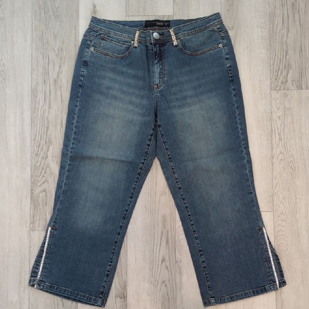 Venezia Mid Blue Cropped Jeans with Rhinestone Ankle Zips